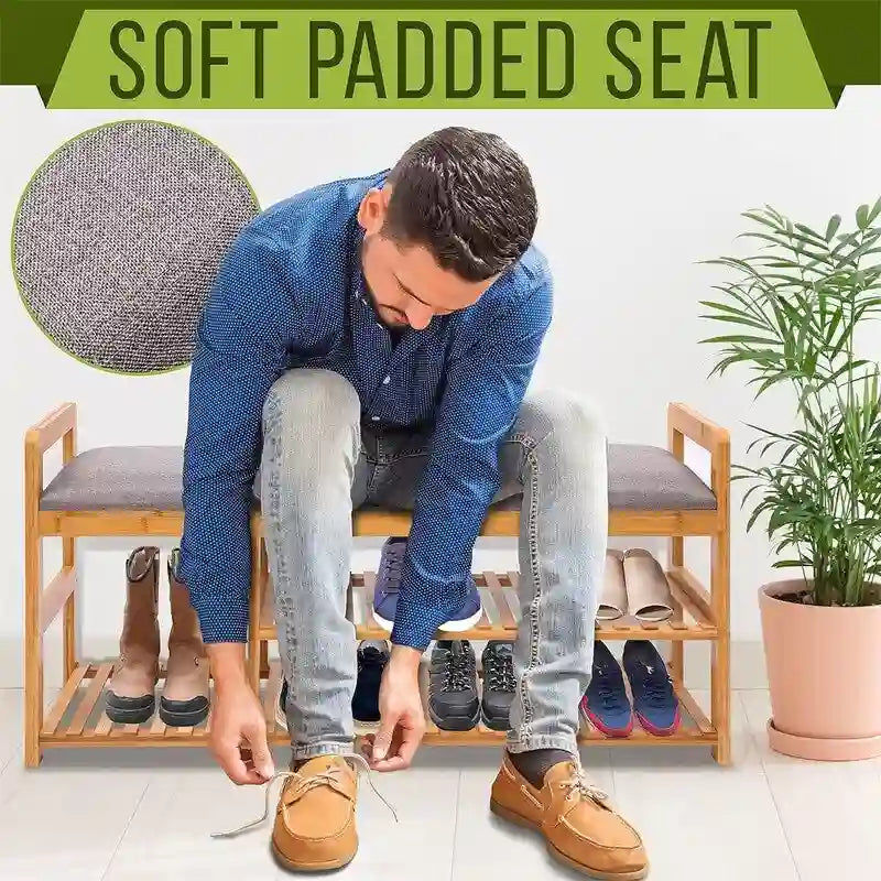 Banc à chaussures en bambou avec coussin gris amovible et étagères de rangement