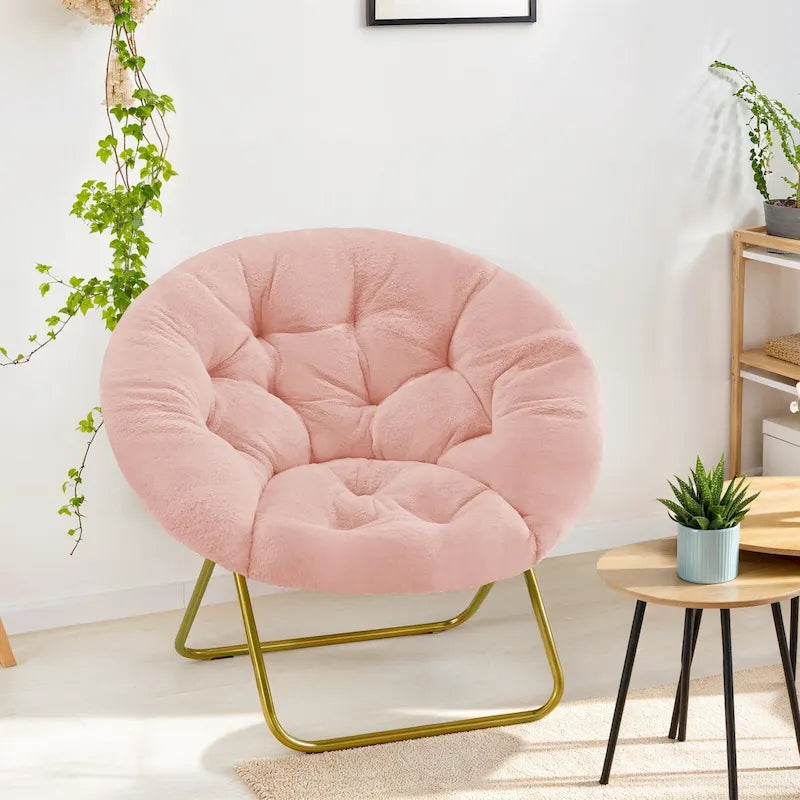 Fauteuil soucoupe rond en fausse fourrure, pliant, touffeté, avec cadre en métal doré, rose, blanc, gris