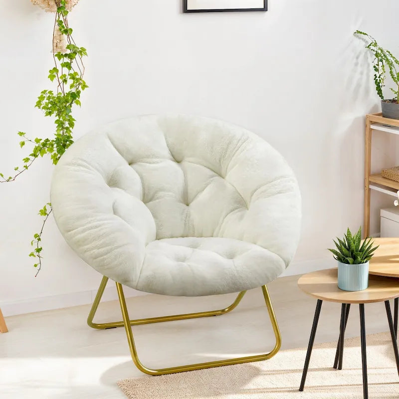 Fauteuil soucoupe rond en fausse fourrure, pliant, touffeté, avec cadre en métal doré, rose, blanc, gris