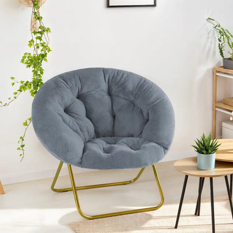 Fauteuil soucoupe rond en fausse fourrure, pliant, touffeté, avec cadre en métal doré, rose, blanc, gris