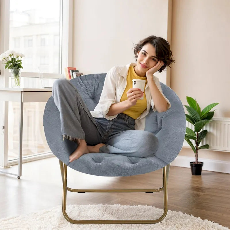Fauteuil soucoupe rond en fausse fourrure, pliant, touffeté, avec cadre en métal doré, rose, blanc, gris