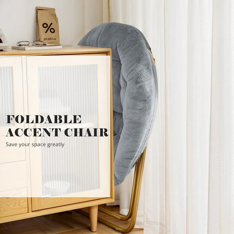 Fauteuil soucoupe rond en fausse fourrure, pliant, touffeté, avec cadre en métal doré, rose, blanc, gris
