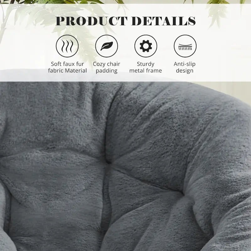 Fauteuil soucoupe rond en fausse fourrure, pliant, touffeté, avec cadre en métal doré, rose, blanc, gris