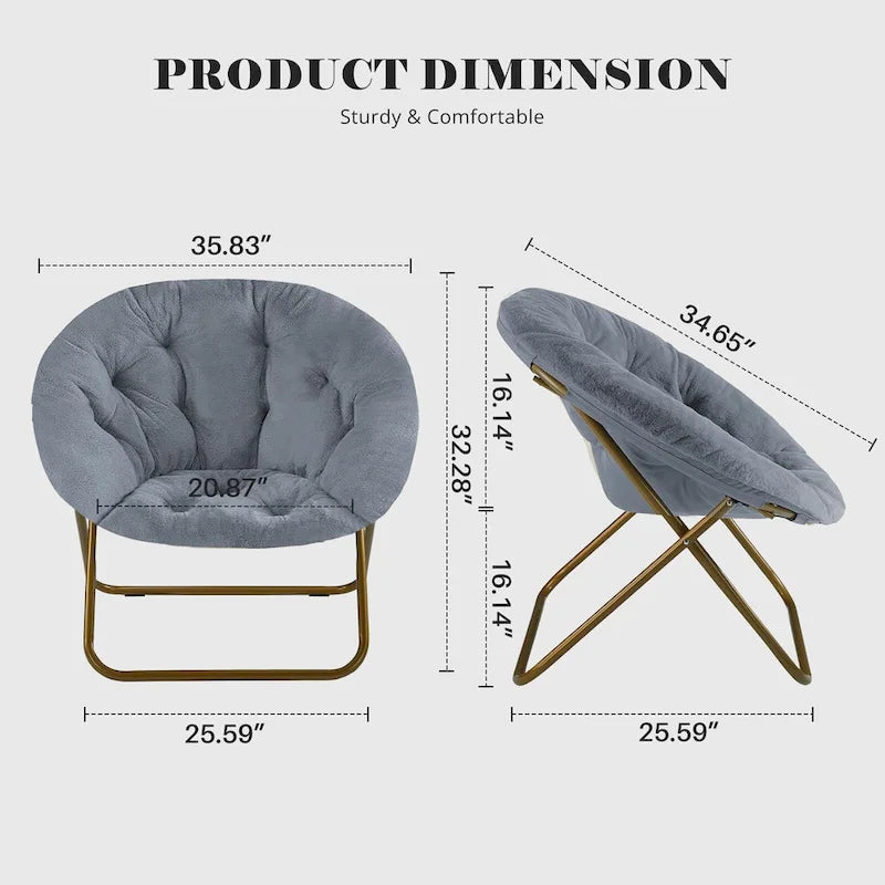 Fauteuil soucoupe rond en fausse fourrure, pliant, touffeté, avec cadre en métal doré, rose, blanc, gris