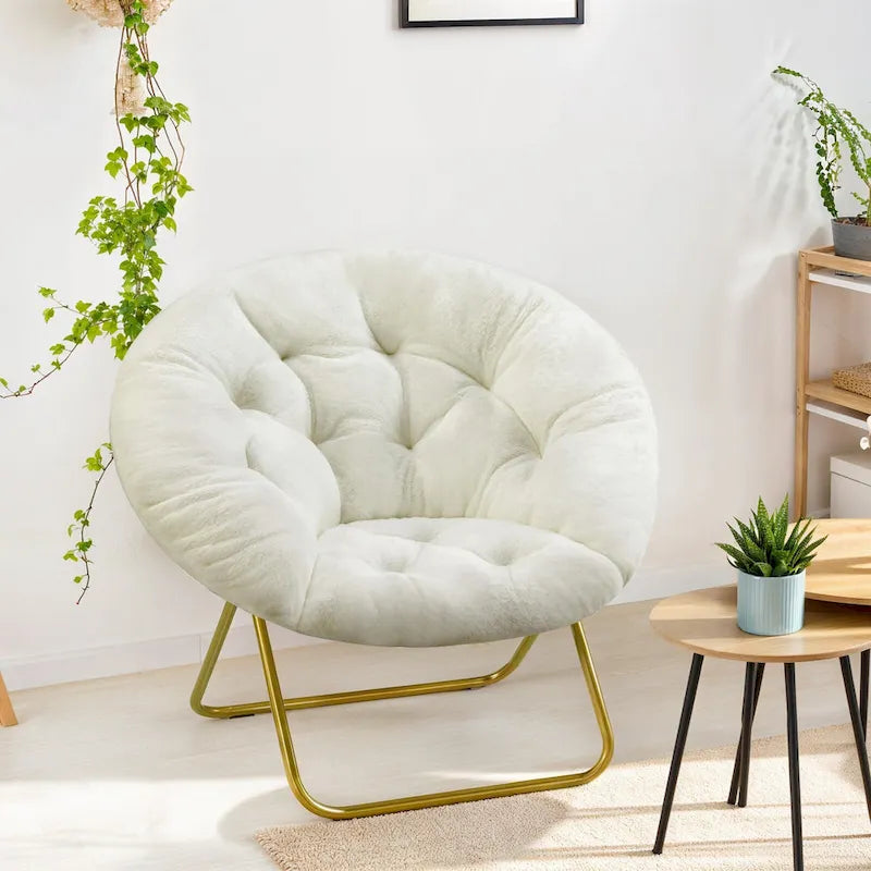 Fauteuil soucoupe rond en fausse fourrure, pliant, touffeté, avec cadre en métal doré, rose, blanc, gris