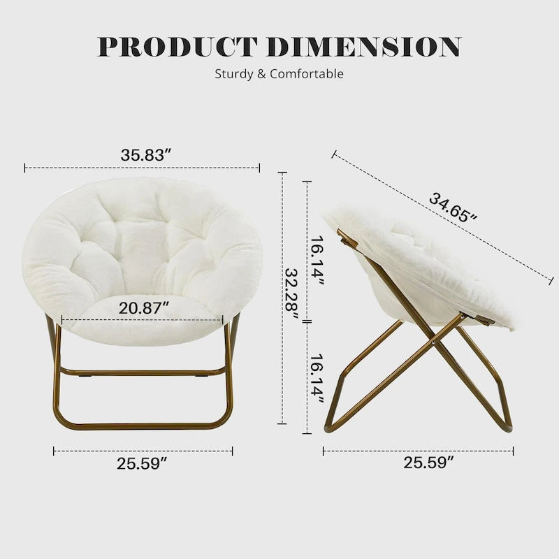 Fauteuil soucoupe rond en fausse fourrure, pliant, touffeté, avec cadre en métal doré, rose, blanc, gris