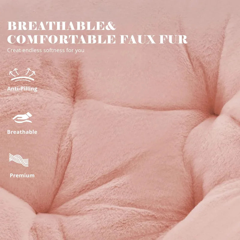 Fauteuil soucoupe rond en fausse fourrure, pliant, touffeté, avec cadre en métal doré, rose, blanc, gris