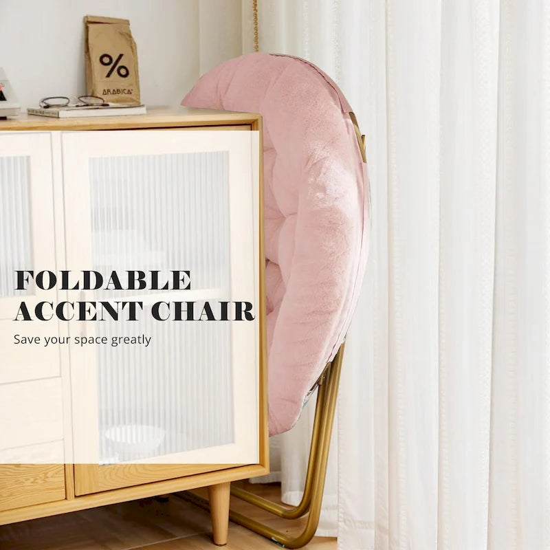 Fauteuil soucoupe rond en fausse fourrure, pliant, touffeté, avec cadre en métal doré, rose, blanc, gris