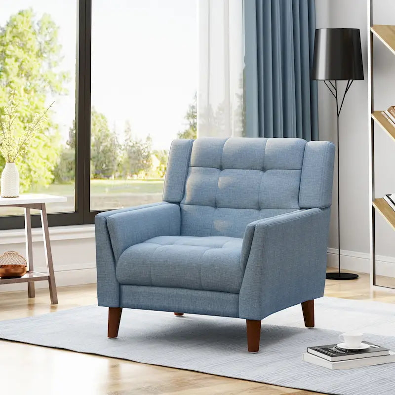 Tufted Upholstered Accent Armchair with Solid Wood Legs Blue Beige