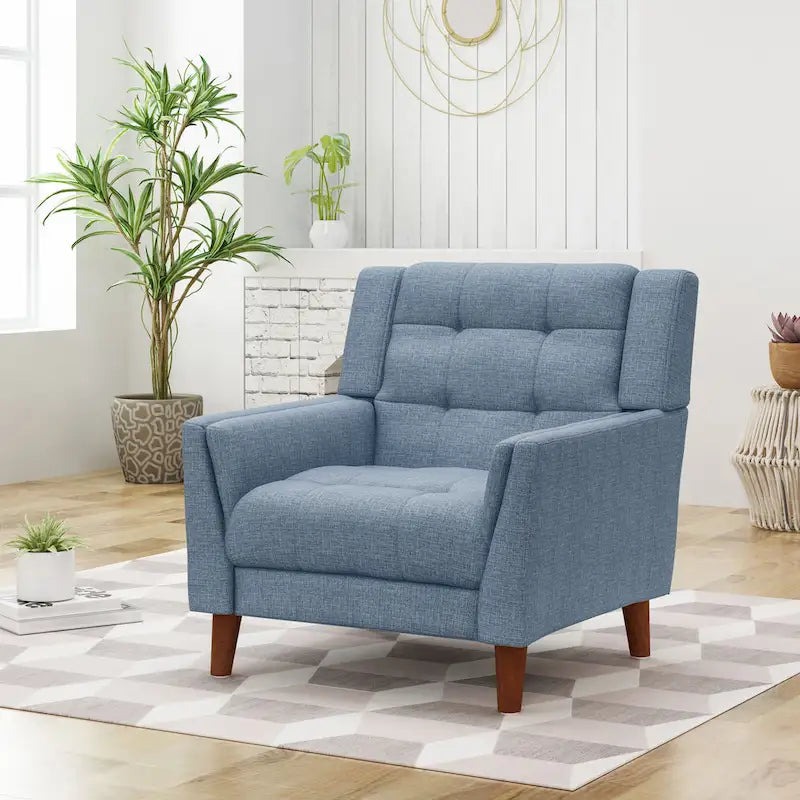 Tufted Upholstered Accent Armchair with Solid Wood Legs Blue Beige