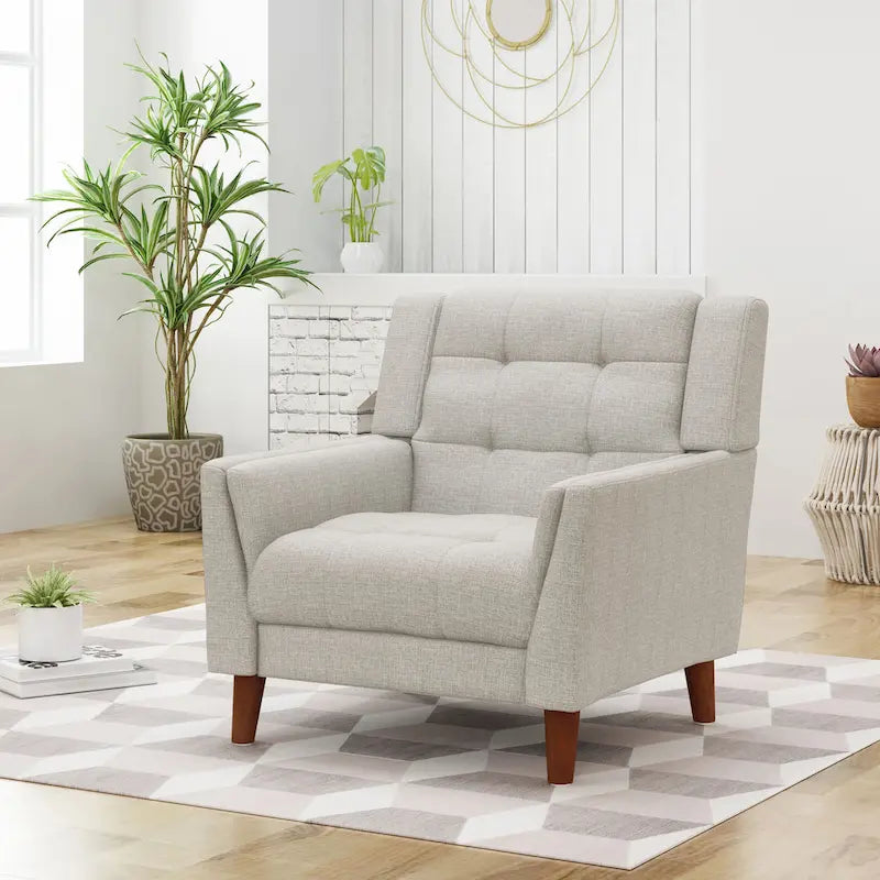 Fauteuil d'appoint capitonné avec pieds en bois massif bleu beige