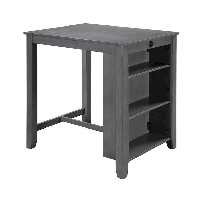 Table de salle à manger haute et compacte avec étagères ouvertes et port USB, grise