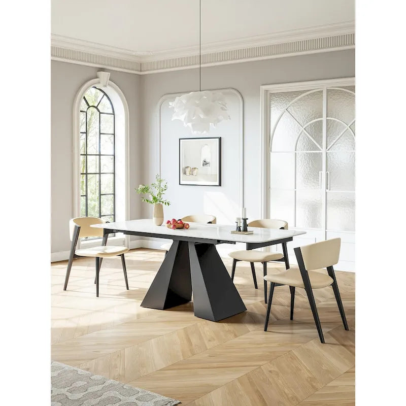 Table de salle à manger rectangulaire extensible avec plateau en ardoise et piètement en acier noir mat