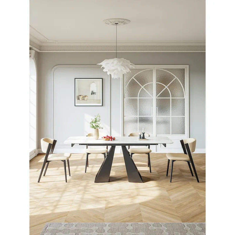 Table de salle à manger rectangulaire extensible avec plateau en ardoise et piètement en acier noir mat
