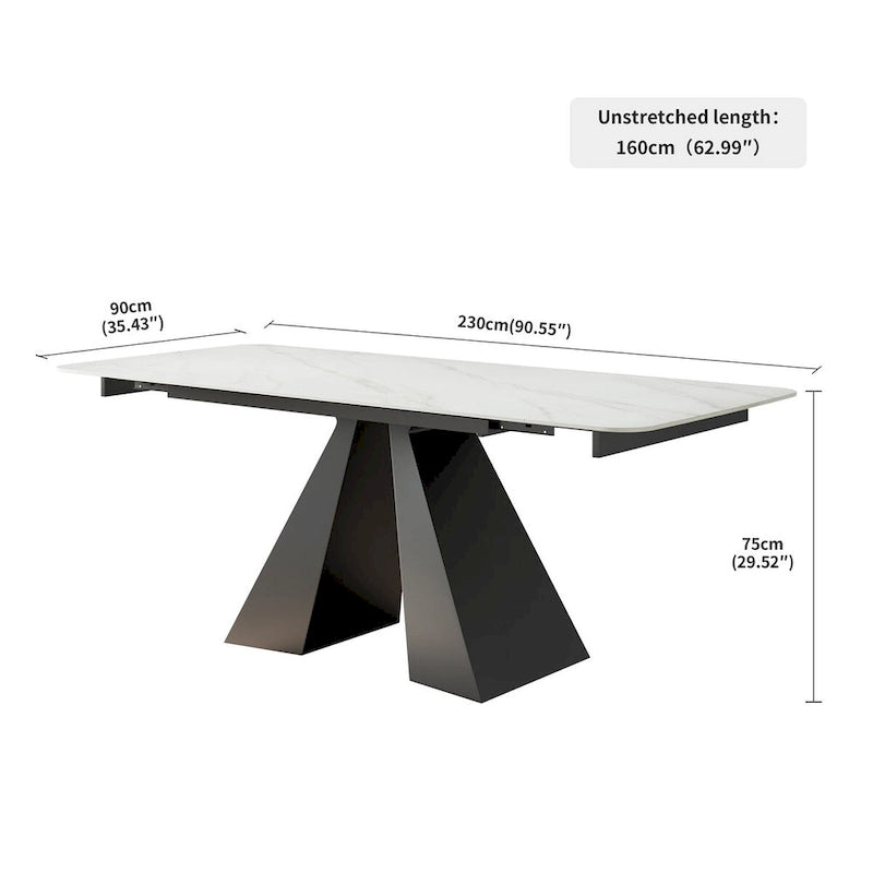 Table de salle à manger rectangulaire extensible avec plateau en ardoise et piètement en acier noir mat