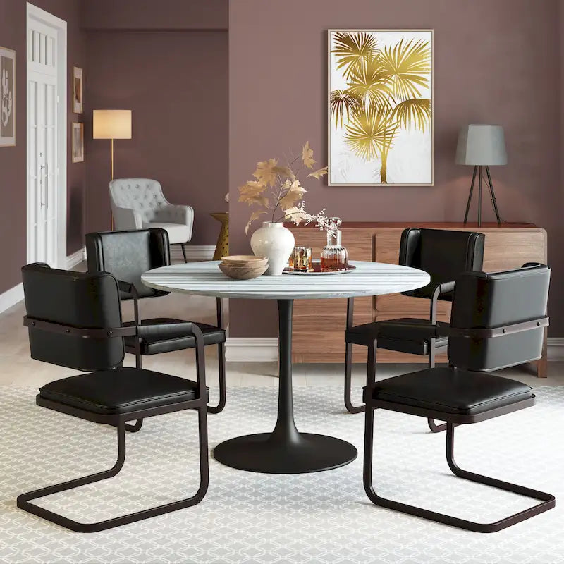 Table à manger ronde en marbre avec pied piédestal en acier noir, gris et noir