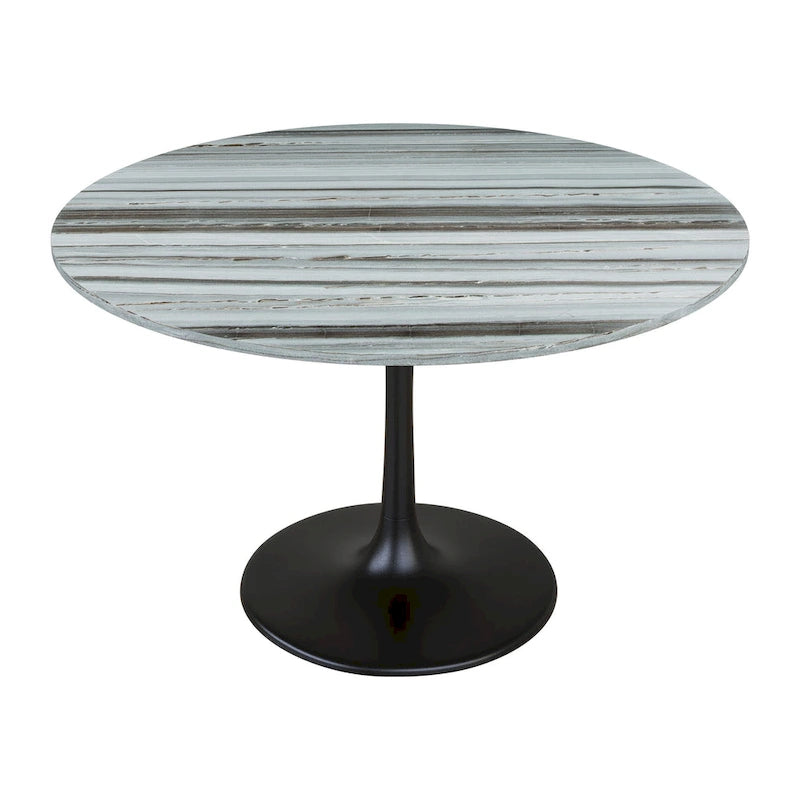 Table à manger ronde en marbre avec pied piédestal en acier noir, gris et noir