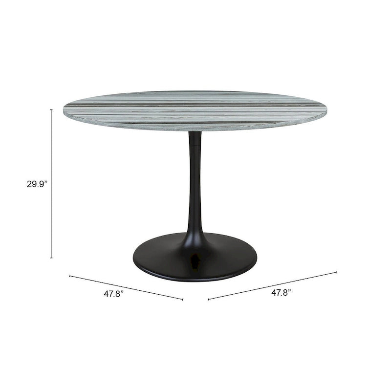 Table à manger ronde en marbre avec pied piédestal en acier noir, gris et noir