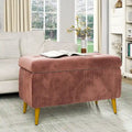 Banc ottoman de rangement à dessus rabattable en velours capitonné avec pieds en métal doré, rose poudré et rose clair