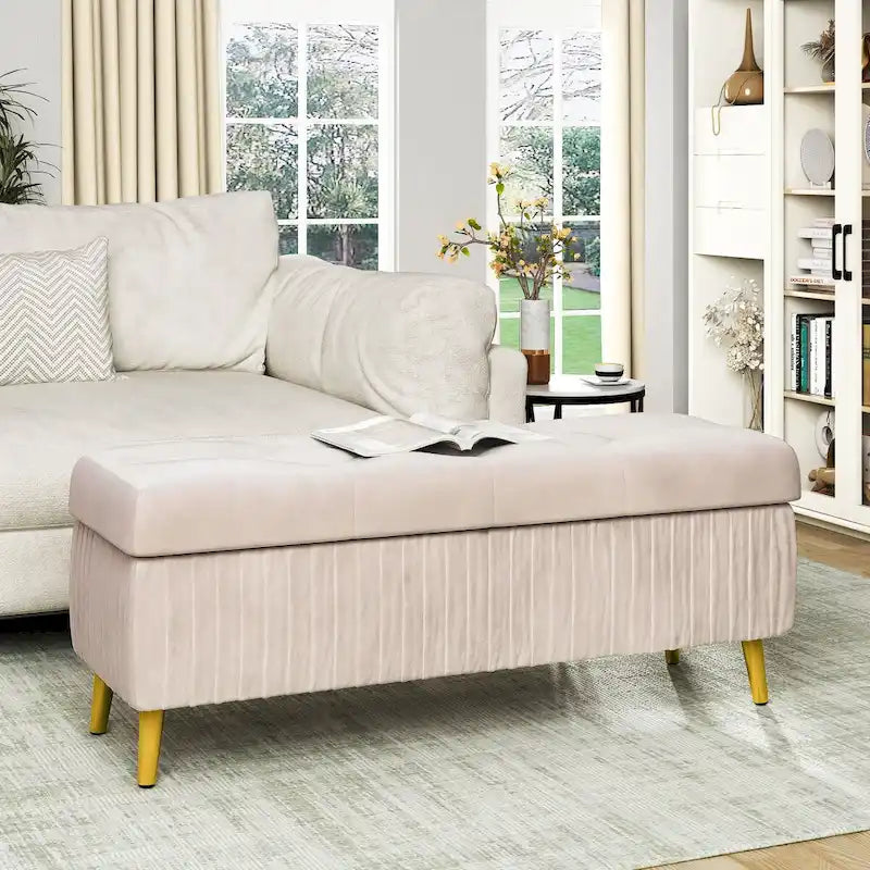 Banc ottoman de rangement à dessus rabattable en velours capitonné avec pieds en métal doré, rose poudré et rose clair