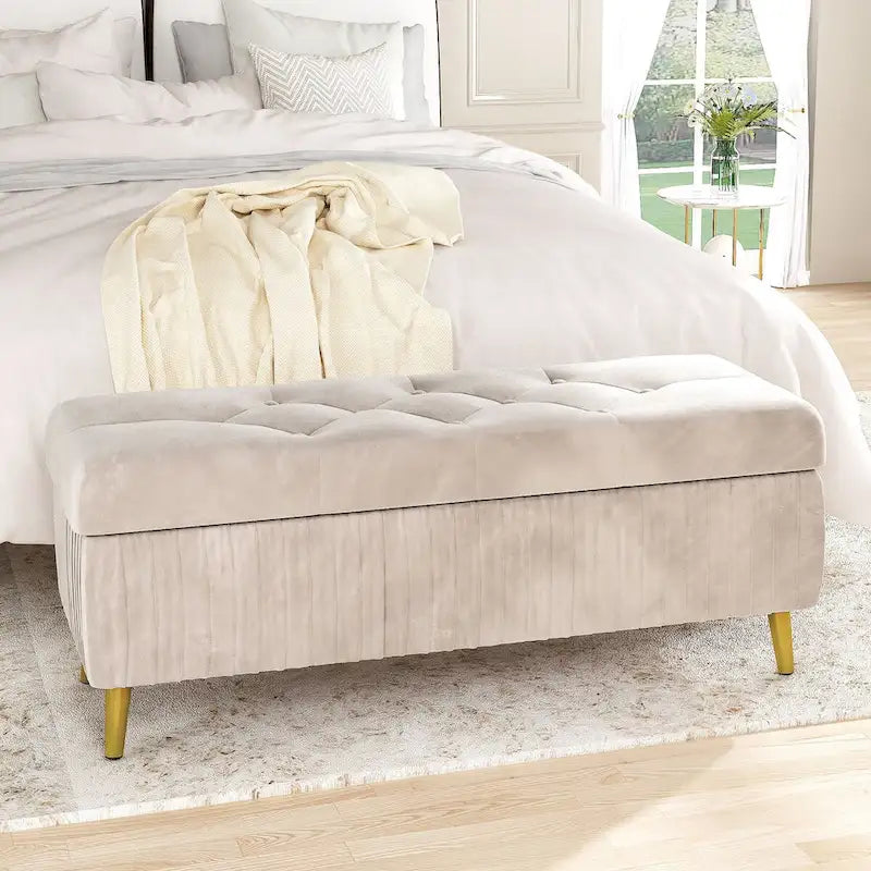 Banc ottoman de rangement à dessus rabattable en velours capitonné avec pieds en métal doré, rose poudré et rose clair