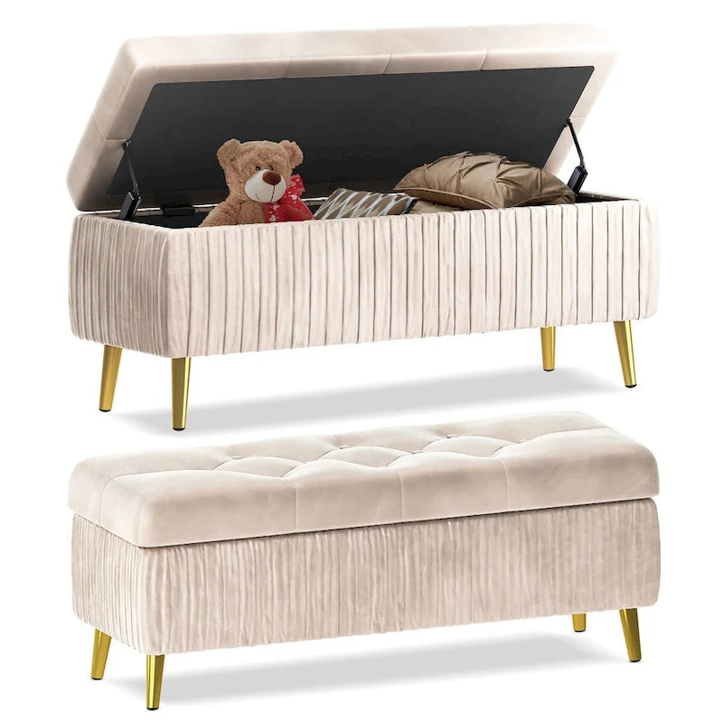Banc ottoman de rangement à dessus rabattable en velours capitonné avec pieds en métal doré, rose poudré et rose clair