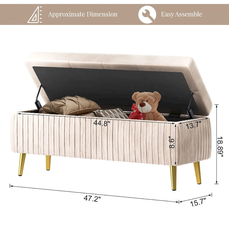 Banc ottoman de rangement à dessus rabattable en velours capitonné avec pieds en métal doré, rose poudré et rose clair