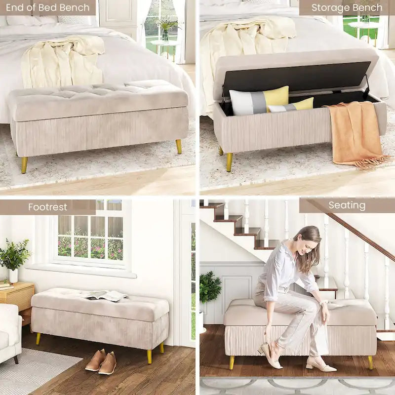 Banc ottoman de rangement à dessus rabattable en velours capitonné avec pieds en métal doré, rose poudré et rose clair