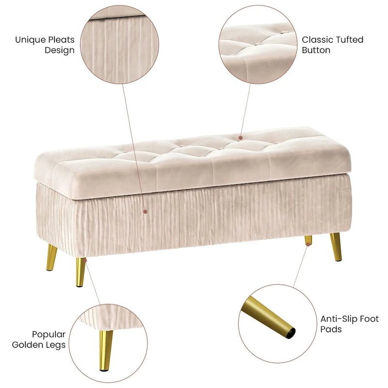 Banc ottoman de rangement à dessus rabattable en velours capitonné avec pieds en métal doré, rose poudré et rose clair