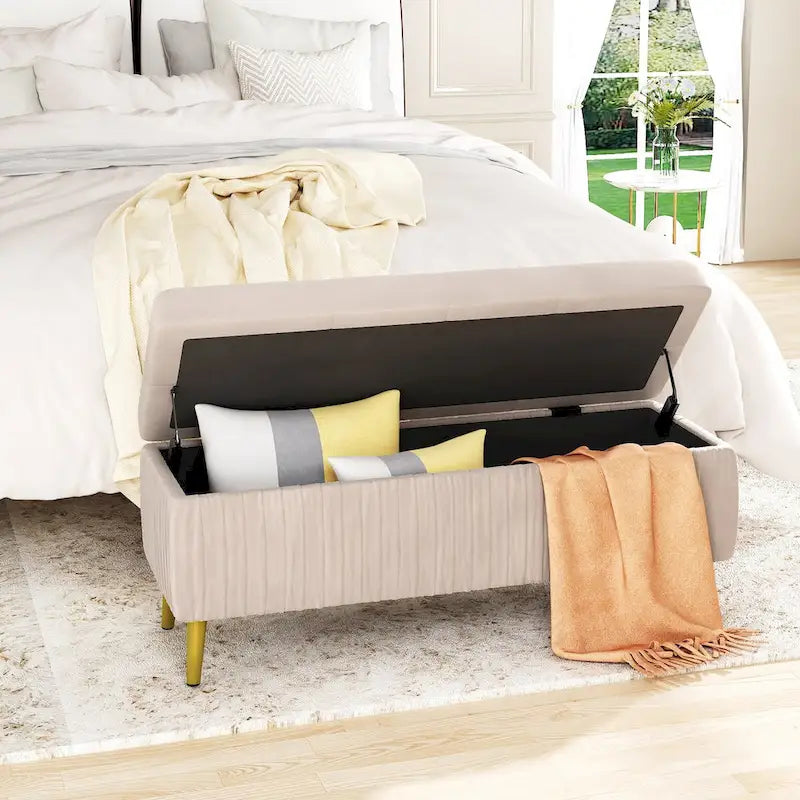 Banc ottoman de rangement à dessus rabattable en velours capitonné avec pieds en métal doré, rose poudré et rose clair