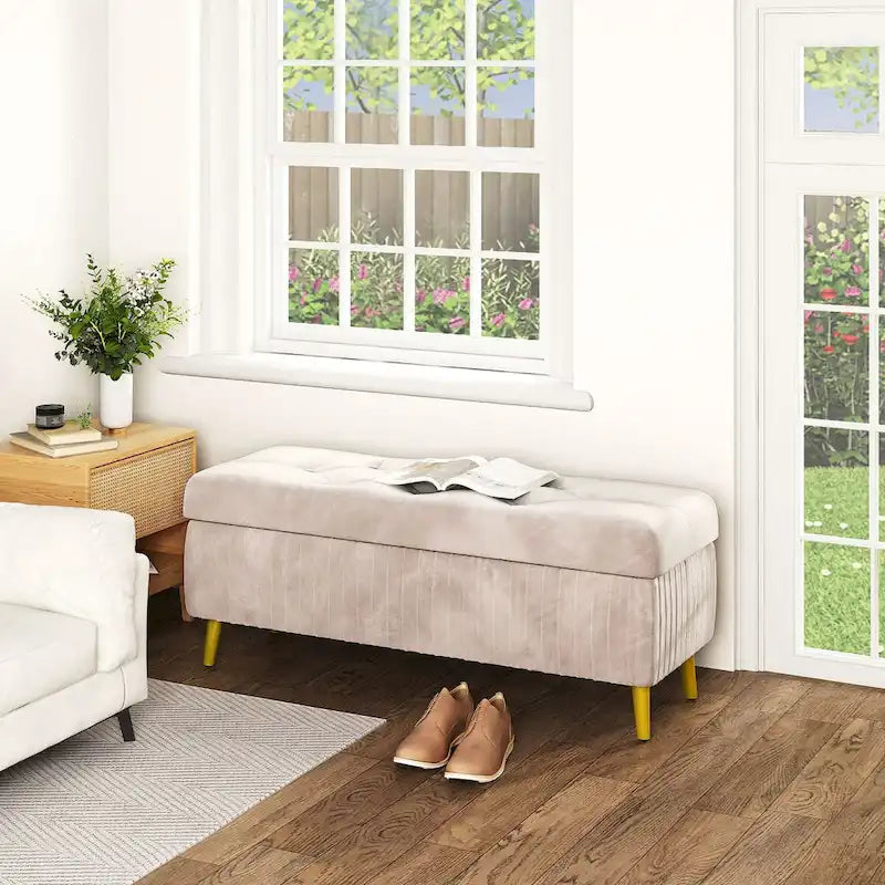 Banc ottoman de rangement à dessus rabattable en velours capitonné avec pieds en métal doré, rose poudré et rose clair