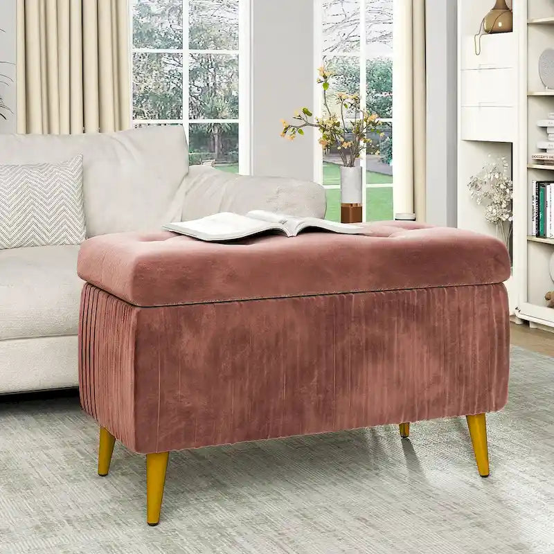 Banc ottoman de rangement à dessus rabattable en velours capitonné avec pieds en métal doré, rose poudré et rose clair