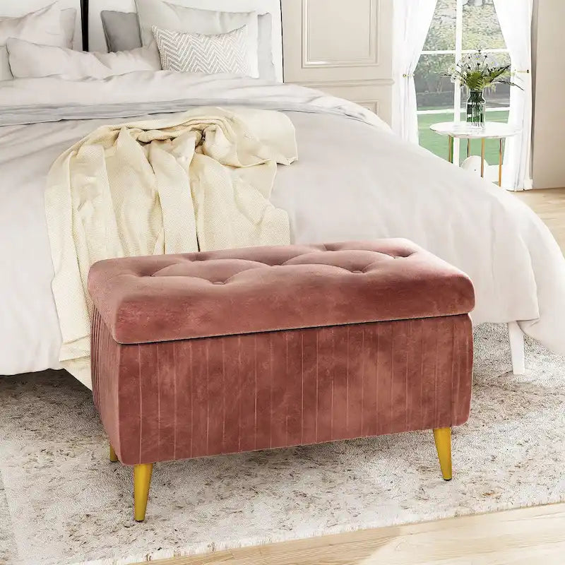 Banc ottoman de rangement à dessus rabattable en velours capitonné avec pieds en métal doré, rose poudré et rose clair