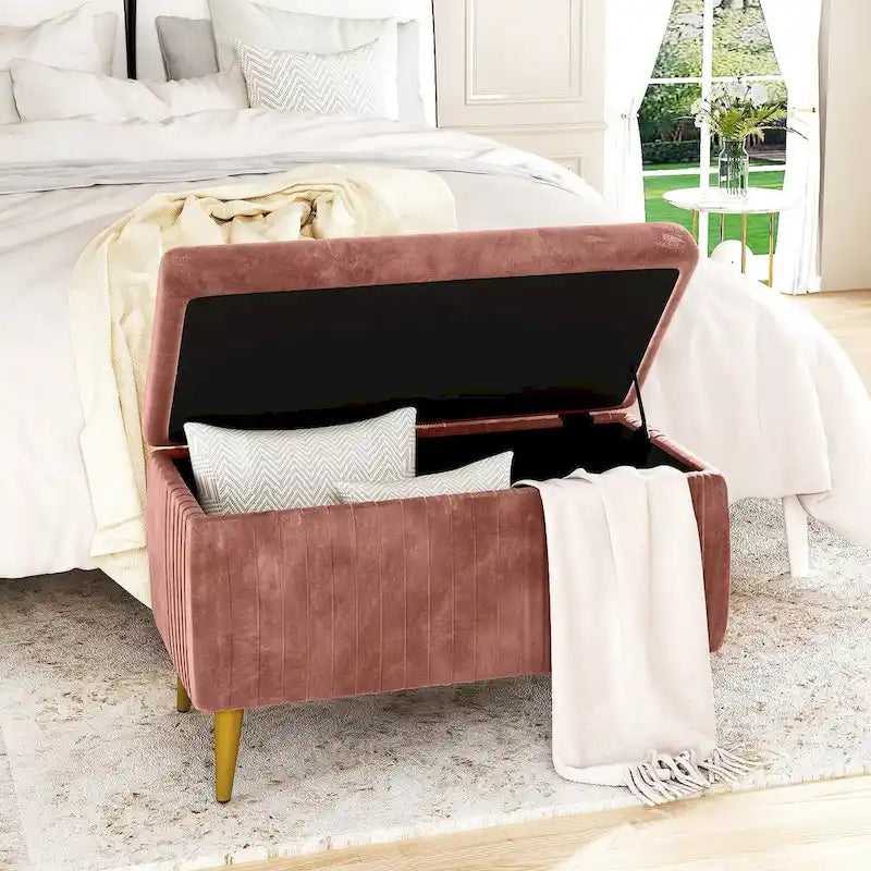 Banc ottoman de rangement à dessus rabattable en velours capitonné avec pieds en métal doré, rose poudré et rose clair