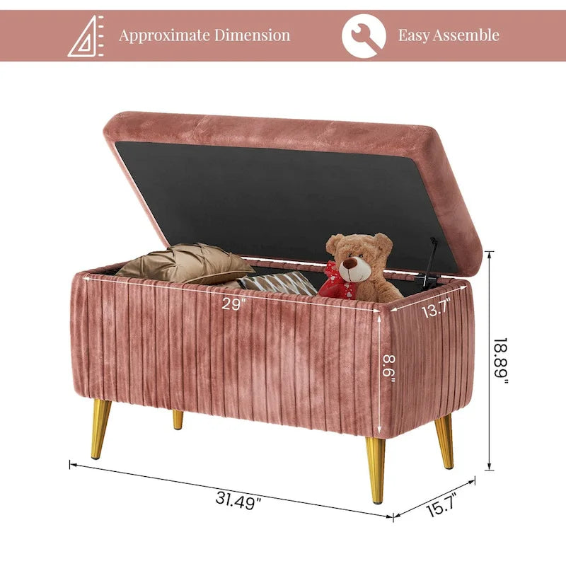 Banc ottoman de rangement à dessus rabattable en velours capitonné avec pieds en métal doré, rose poudré et rose clair