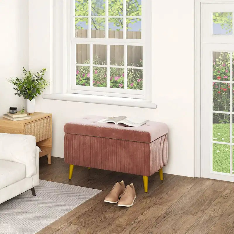 Banc ottoman de rangement à dessus rabattable en velours capitonné avec pieds en métal doré, rose poudré et rose clair