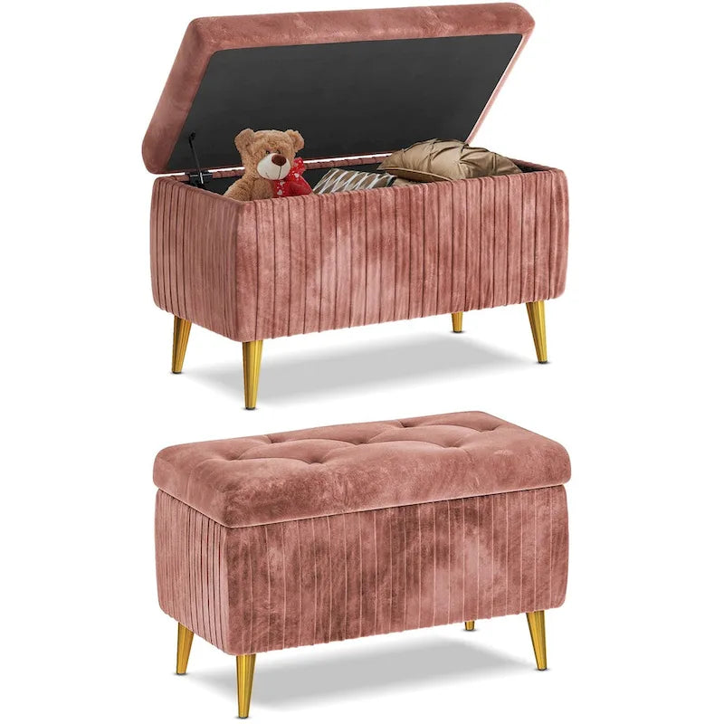 Banc ottoman de rangement à dessus rabattable en velours capitonné avec pieds en métal doré, rose poudré et rose clair
