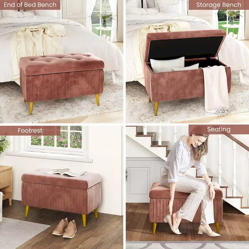Banc ottoman de rangement à dessus rabattable en velours capitonné avec pieds en métal doré, rose poudré et rose clair