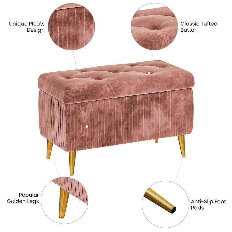 Banc ottoman de rangement à dessus rabattable en velours capitonné avec pieds en métal doré, rose poudré et rose clair