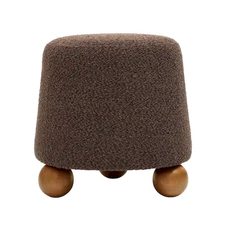 Pouf rond en tissu bouclé marron chocolat avec pieds sphériques en bois