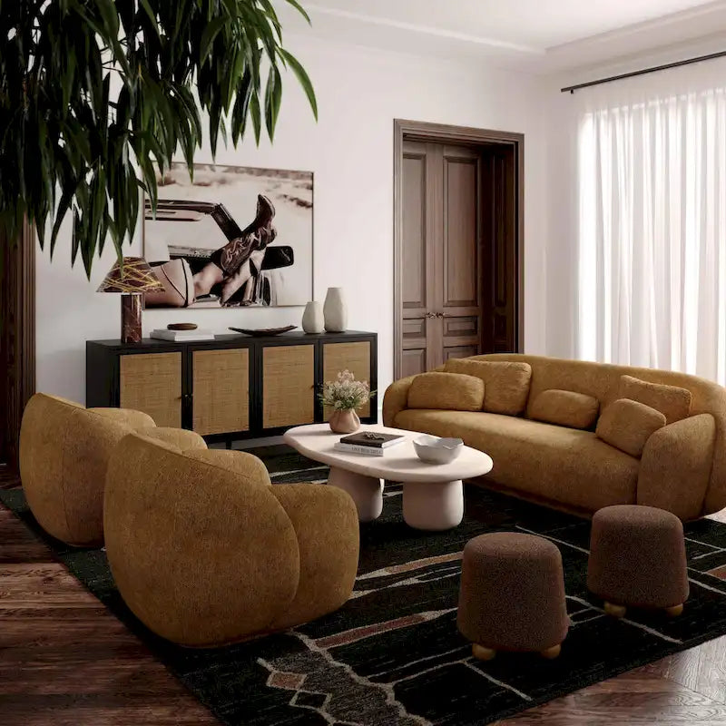 Pouf rond en tissu bouclé marron chocolat avec pieds sphériques en bois