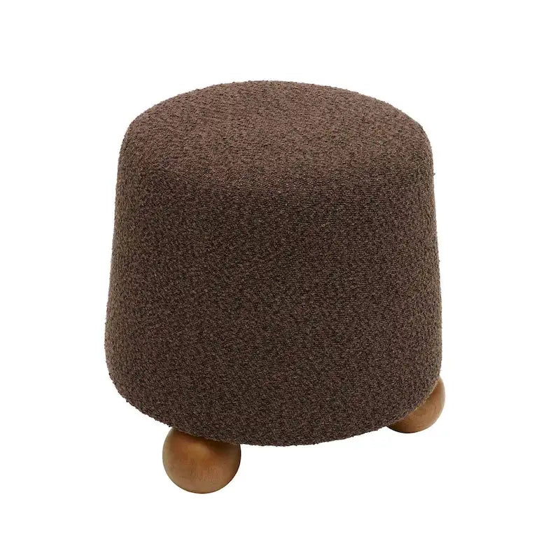 Pouf rond en tissu bouclé marron chocolat avec pieds sphériques en bois
