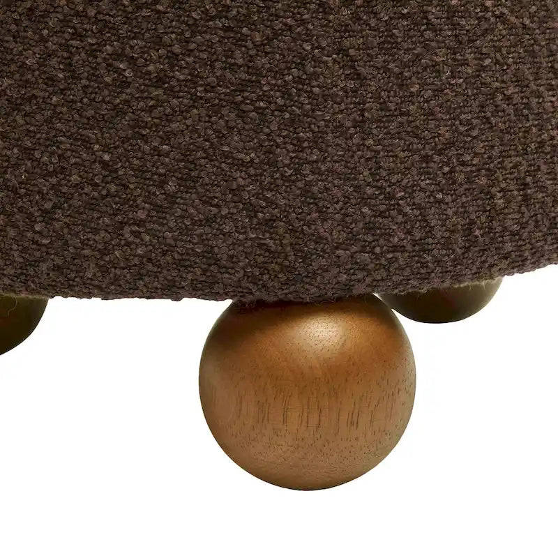 Pouf rond en tissu bouclé marron chocolat avec pieds sphériques en bois
