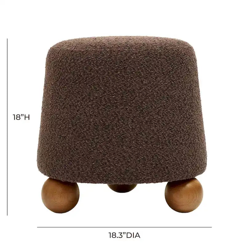 Pouf rond en tissu bouclé marron chocolat avec pieds sphériques en bois