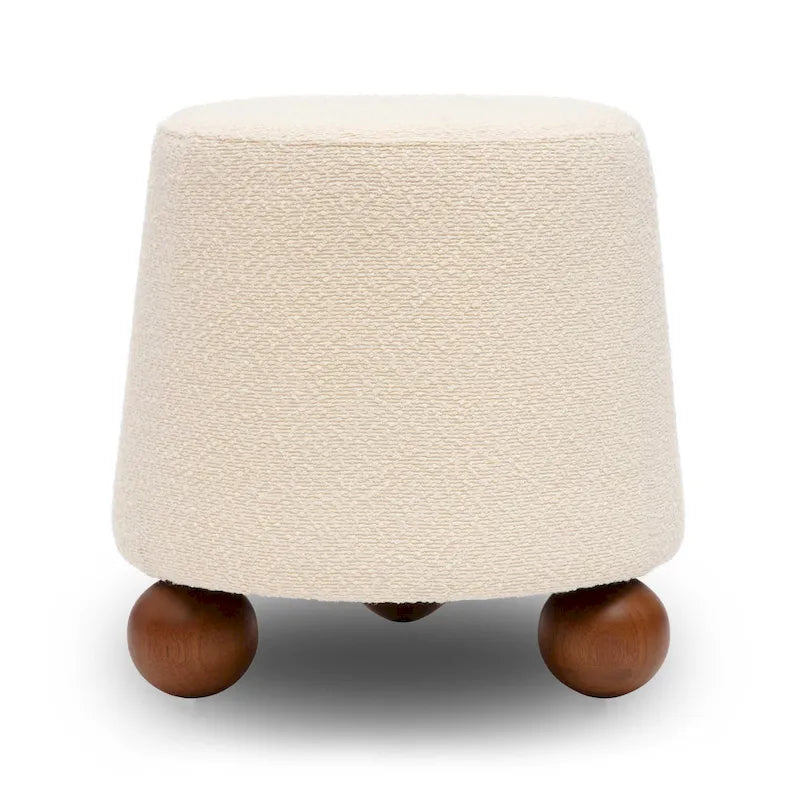 Pouf rond en tissu bouclé marron chocolat avec pieds sphériques en bois