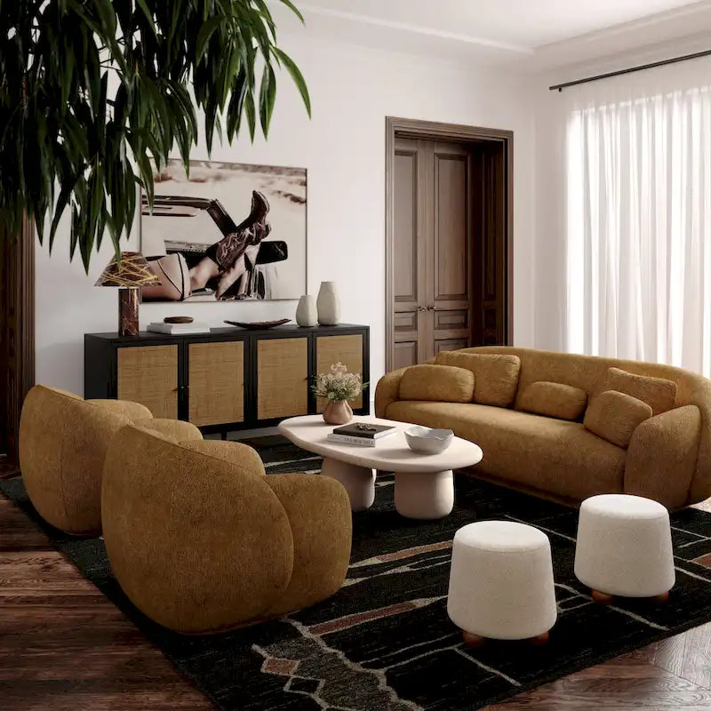Pouf rond en tissu bouclé marron chocolat avec pieds sphériques en bois
