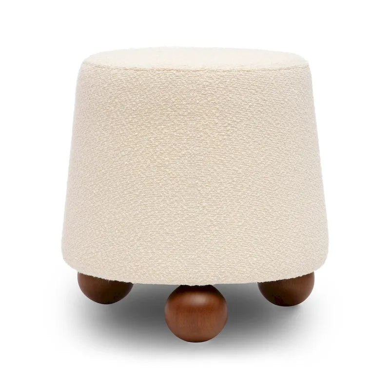 Pouf rond en tissu bouclé marron chocolat avec pieds sphériques en bois