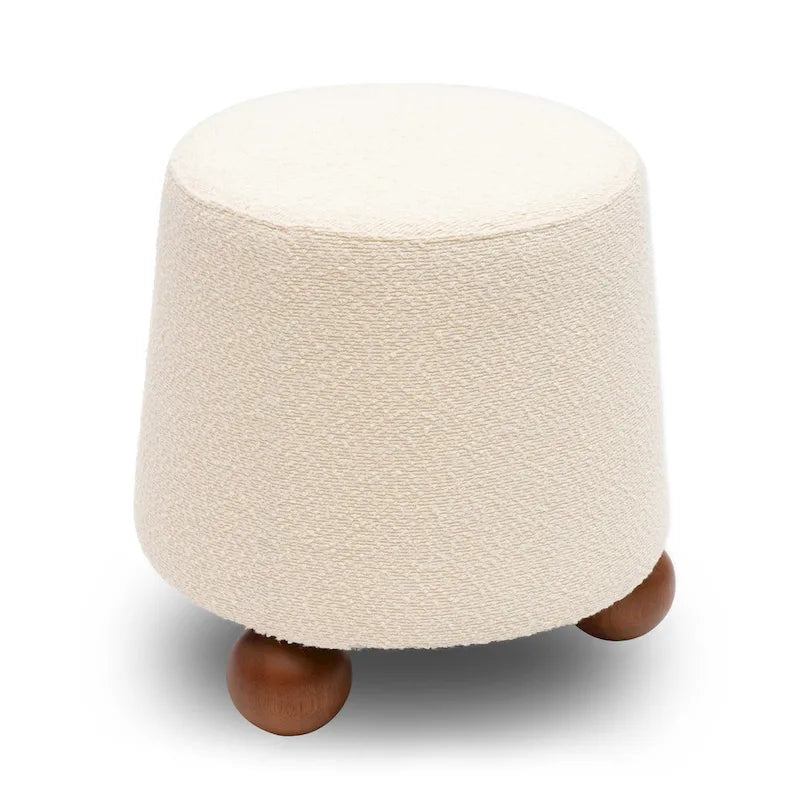 Pouf rond en tissu bouclé marron chocolat avec pieds sphériques en bois