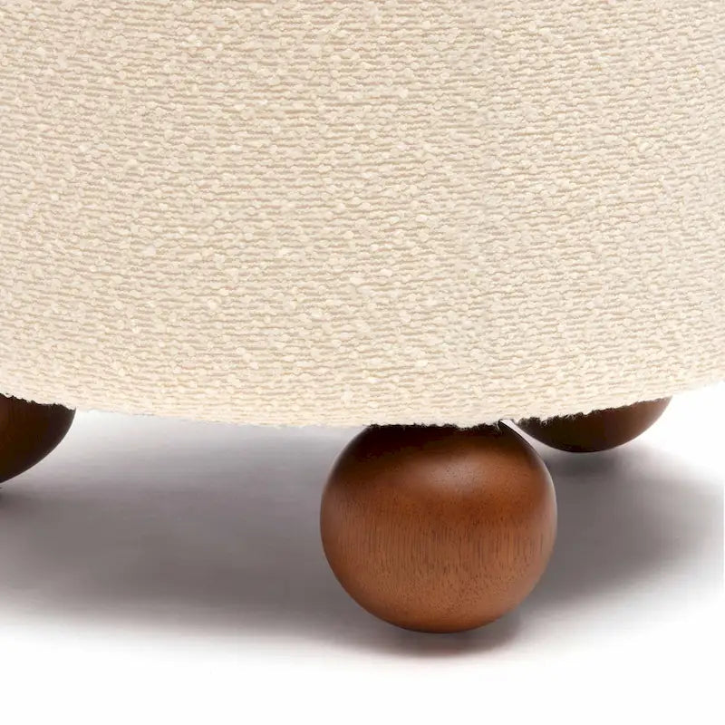 Pouf rond en tissu bouclé marron chocolat avec pieds sphériques en bois