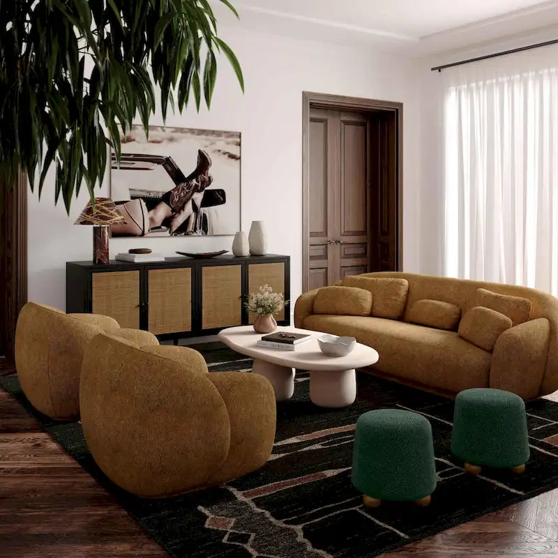 Pouf rond en tissu bouclé marron chocolat avec pieds sphériques en bois